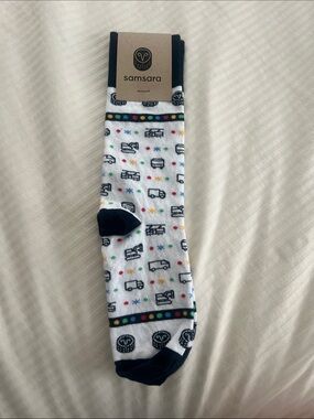 Samsara White Crew Socks with Navy Accents and Multicolor Dot Pattern